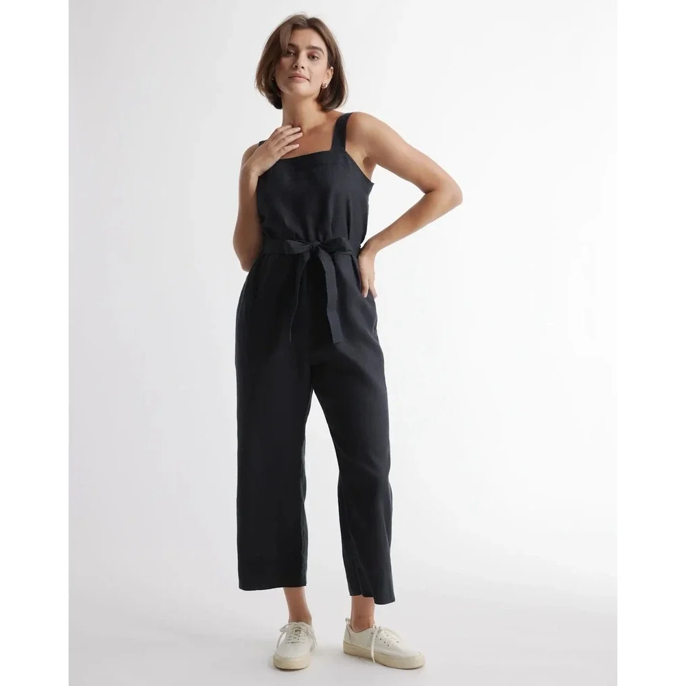 Quince Women's 100% European Black Linen Square Neck Light Weight Jumpsuit Sz L